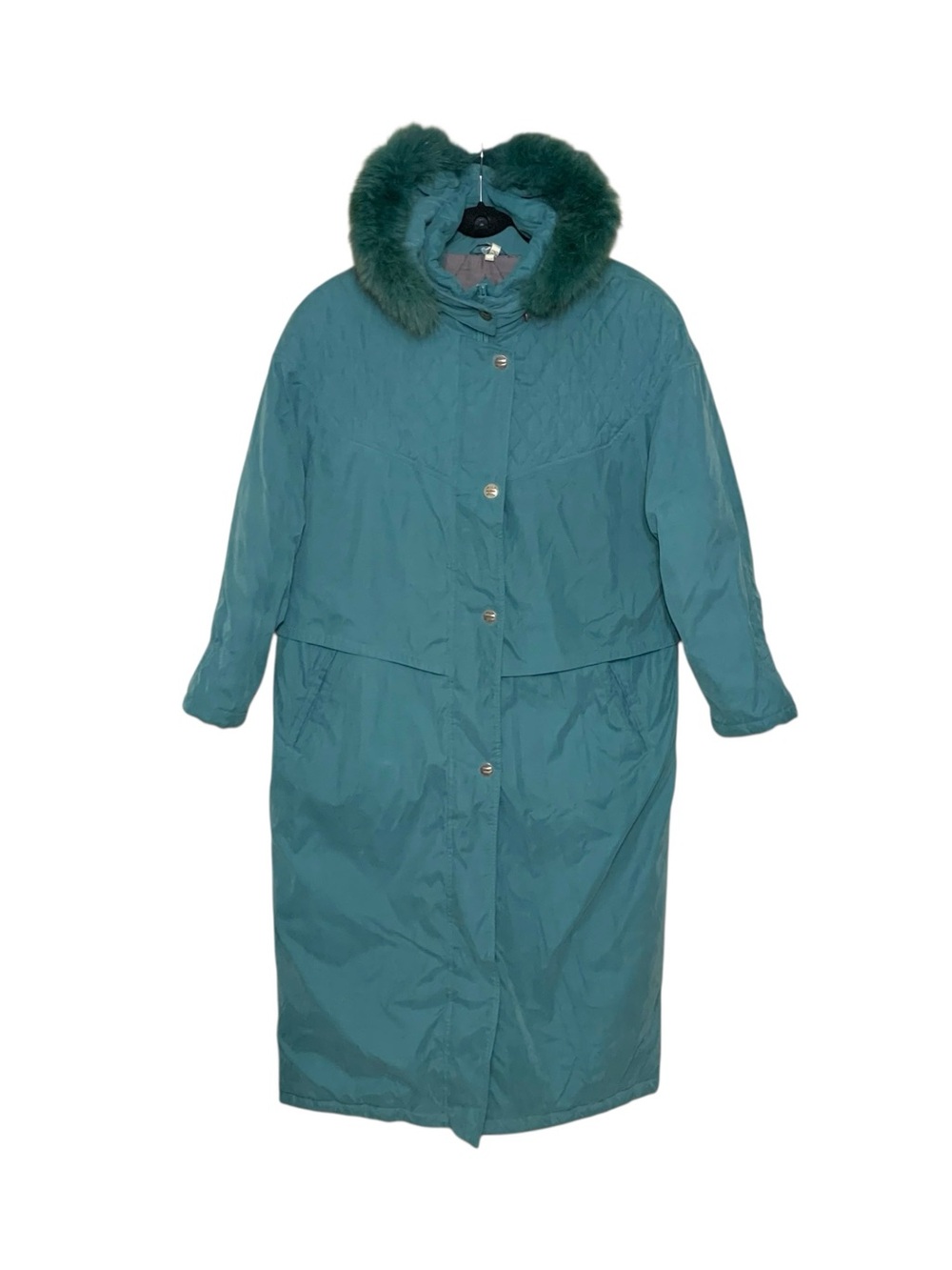 Vintage Green Long Coat Faux Fur Hood Removable Sz 14 Lined Ajustable Waist
